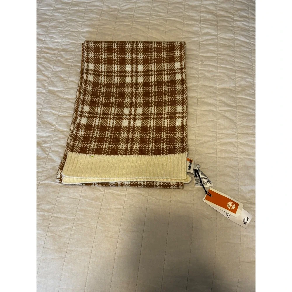 Timberland Brown Cream Plaid Knit Scarf OS New With Tags MSRP $60